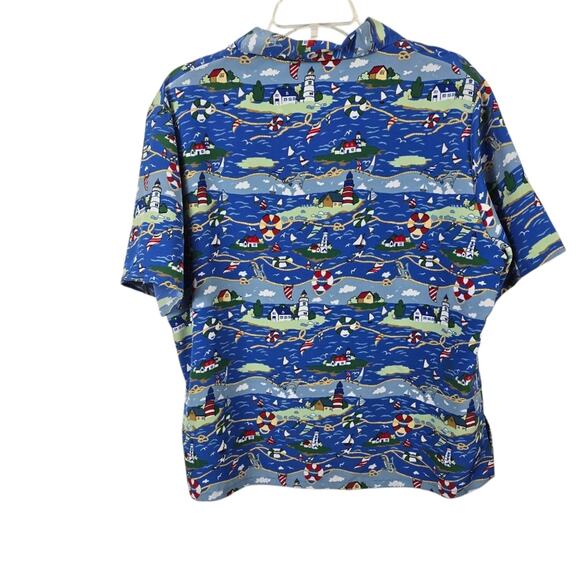 Bon Worth Vtg Nautical Blue Lighthouse Shirt Beachy Coastal Grandmother Aloha MP - Picture 2 of 12